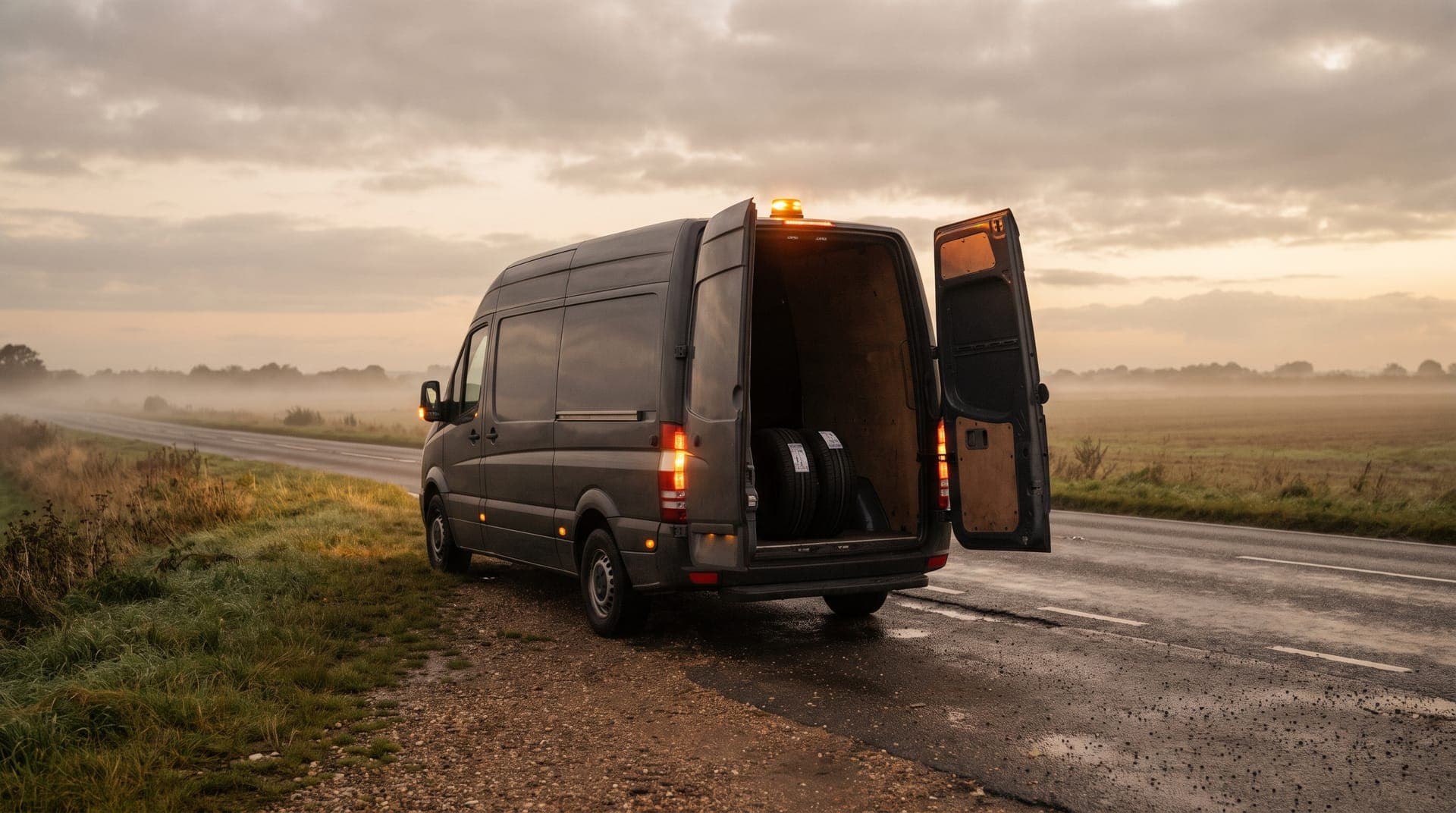 The tyre van pulled onto the verge of an empty Essex road at dusk, rear doors open with new tyres inside and the amber beacon on
